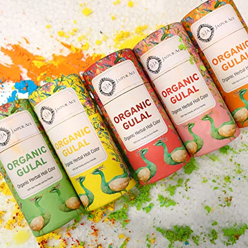 “Jaipur Ace Holi with a Natural Touch – Enjoy Eco-Friendly and Fragrant Holi Colors Herbal Gulal Organic Holi Colours for Family Non Toxic Holi Color Organic Skin Safe Gifts Pack 500gms (Pack of 5)”.