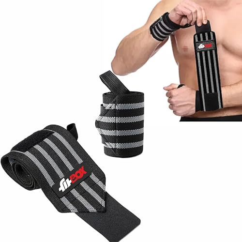 “FitBox Sports Premium Wrist Supporter l Wrist Band with Extra Grip & Cotton Thumb Support (Black/Grey)”.