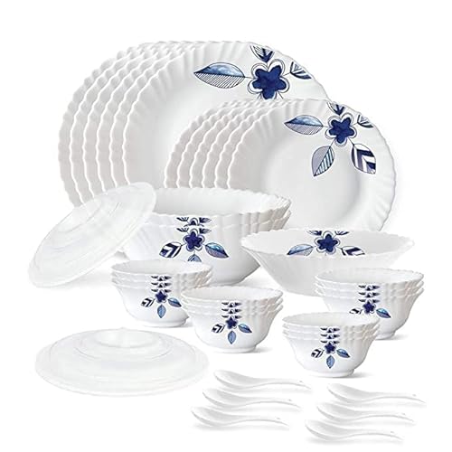 ZAVETA Unbreakable Plastic Light Weight Dinner Set Of 36 Pcs 6 Full Plates, 6 Quarter Plates, 12 Veg Bowls, 2 Serving Bowl With 2 Lids. 2 Serving Spoons And 6 Spoons, Solid, White