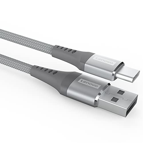 Lenovo USB A to Type-C Tangle-free Aramid fiber braided 1.2m cable with 4A Fast charging & 480 MBPS data transmission, certified 10000+ bend lifespan, Metallic Grey