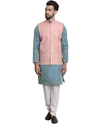 “SOJANYA (Since 1958 Men’s Jacquard Silk Teal Green Kurta and Cream Pyjama With Blue Nehrujacket”.