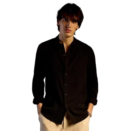Campus Sutra Men's Polyester Midnight Black Embossed Micro Check Shirt for Casual Wear | Spread Collar | Long Sleeve | Button Closure | Shirt Crafted with Comfort Fit for Everyday Wear, Large