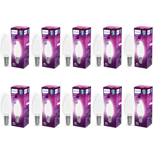 Philips 4-Watt 400-lumen Frosted Candle E14 Base (Cool White, Pack of 10) - Decorative, Ambience for Chandeliers, Wall lights, Desk lamps, Floor lamps