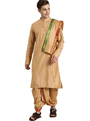 VASTRAMAY Mens’ Rose Gold Cotton Blend Kurta Dhoti And Dupatta_VASMDK007RG_40