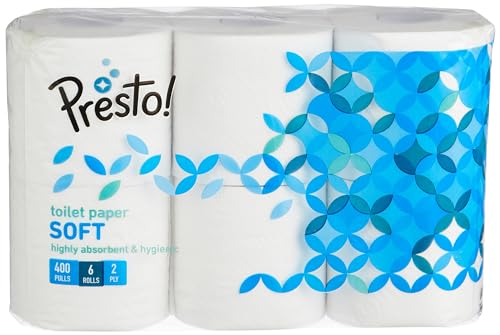 Presto! 2 Ply Toilet Tissue Paper,100% Natural Virgin Paper-Pack Of 6(400 Pulls Per Roll)