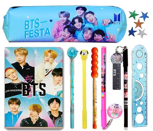 KOBBET Plastic 11Pcs Bts Theme Stationery Set Bts Blue Pencil Pouch With A6 Size & Bts Pen Pencil Bts Return Gift Set For Girls, Bts Theme Party Favor Return Gift For Girls
