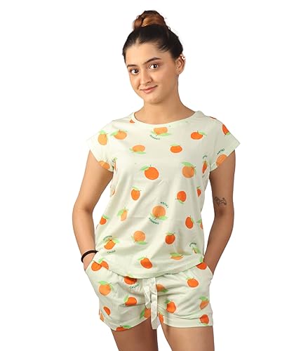Hestia Co-Ord Night Suit for Women| Shrink Free Material |Cotton Night Dresses for Woman | Night Wear Dress Set with Shorts and Top T -Shirt| Orange Fruit | Green | M | Set 1