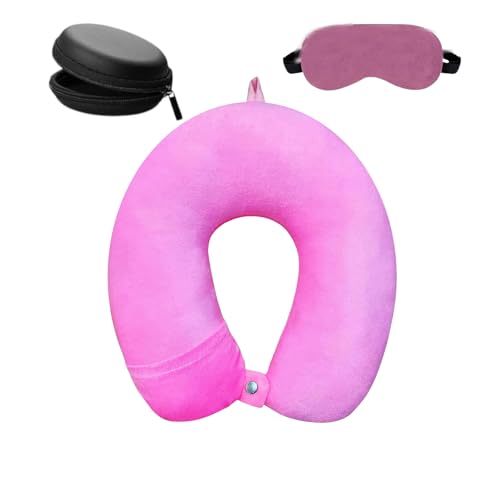 BigPlayer Pink Travel Neck Pillow Set with Eye Mask & Earphone Case Soft U-Shape Air Cushion Pillow for Neck Pain Relief in Car, Flights, and Office Use Travel Accessory for Men & Women