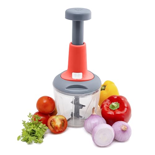 HomeWiz Premium Manual Food Chopper 1000ml, Manual Hand Press Chopper With Super Sharp Blades To Cut Onion, Tomatoes, All Vegetables, All Fruits, Ultra Durable For Kitchen (Red)