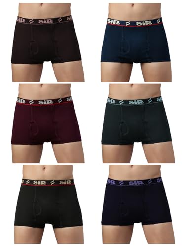 SIR Men’s HTST Pack of 6 Combed Organic 100% Pure Cotton Regular Fit Solid Colour Trunks Waistband Underwear for Men (Colour & Prints May Vary)