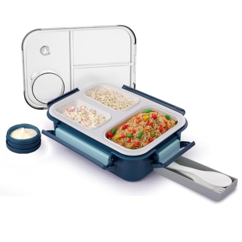 ATTRO Smart 3 Compartment Lunch Box with Small Container Spoon & Fork Included Four Side Snap Lock Breathable Button Design Leak-Proof BPA Free Food Grade- 690ml Dark Blue