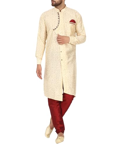 Amazon Brand – Anarva Men’s Art Silk Printed Kurta Pyjama Set Self Design 2-Piece Festive Party Ethnic Dress (KP059beige_Beige_XL)