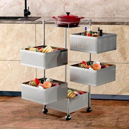 Kitchenstory Storage Rack | 360 Revolving Vegetable Kitchen Rack | Square Multipurpose Storage Trolley with Wheels | Metal Fruit Storage Rack | Kitchen Cabinet Spice Rack (Silver, 5 Layer)