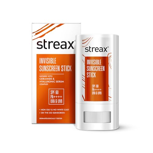 Streax Sunscreen Stick SPF 60 PA++++,20 g|Broad-Spectrum UV Care|Hyaluronic Acid & Ceramides Serum complex |Non-Greasy & No White Cast|Travel-Friendly & Fuss-Free Application
