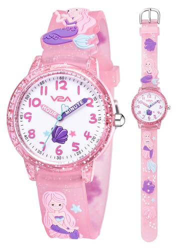 V2A Kids' Wrist watch for Girls Adorable 3D Mermaid Cartoon Design, Multicolor Soft Silicone Strap, 30M Waterproof, Quartz Movement, Fun & Educational Time Learning, Birthday Return Gift for kids Ages 3-10 (Pink)
