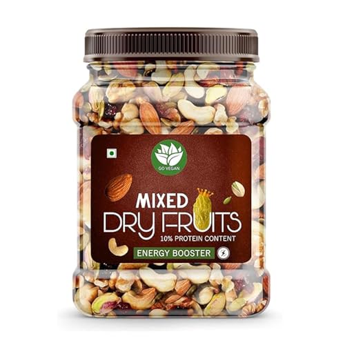 Go Vegan Healthy Nutmix 500gm, Dried Almonds, Black Raisins, Cashewnuts, Cranberries, Black Dates & Many More. (Jar Pack)