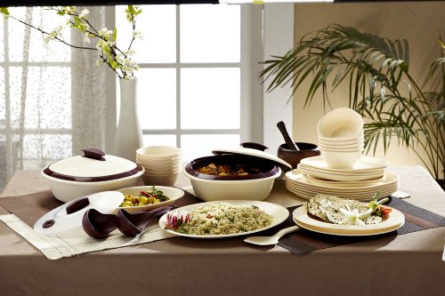 Signoraware Square Dinner Set, 36 Pieces, Off White/Maroon,