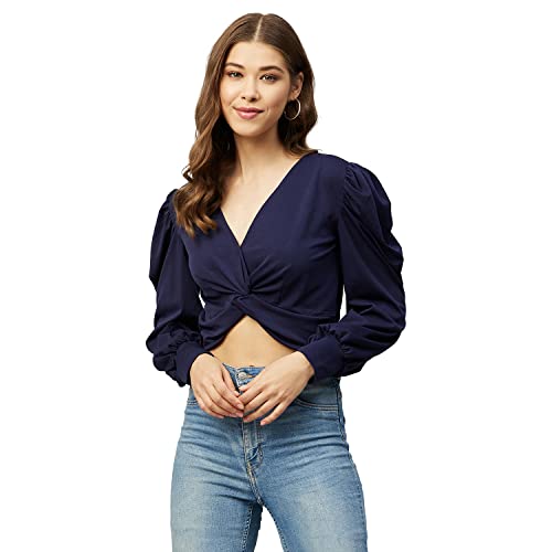 Carlton London Women’s Solid Slim Blouse (CL550_Navy Blue