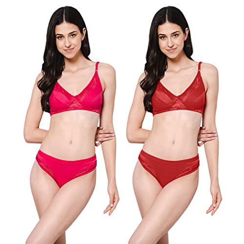 fiamme Women Red and Pink Colored Bra Panty Non Padded Non
