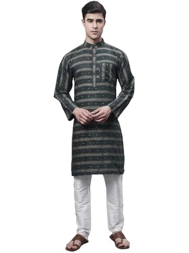 Enchanted Drapes Stripes Green Printed Men’s Long Kurta