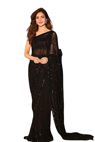 SWADESI STUFF Black Heavy Georgette Sequence Work Saree