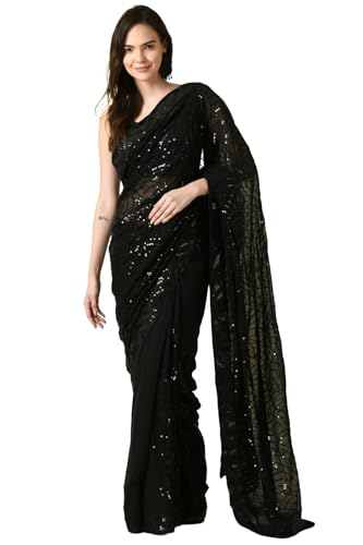 SWADESI STUFF Black Heavy Georgette Sequence Work Saree