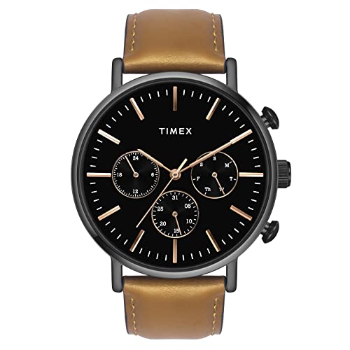 TIMEX Analog Watch for Man with Black Round Dial & Tan