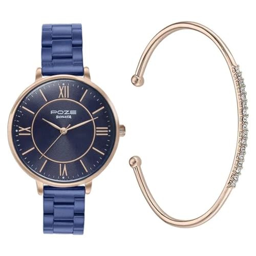 Sonata Poze Quartz Blue Dial Blue Metal Strap for