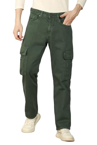 Dennis Lingo Mens Olive Cotton Solid Relaxed Fit Jeans