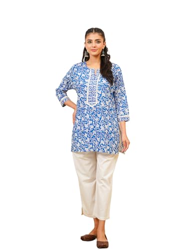 GOODHAND Blue Cotton Block Printed Zoya Short Kurti for