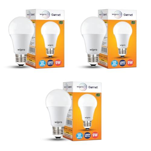 wipro Garnet 9W LED Bulb for Home & Office |Cool Day White (6500K) | E27 Base|220 Degree Light Coverage |4Kv Surge Protection |400V High Voltage Protection |Energy Efficient | Pack of 3 - wipro Home