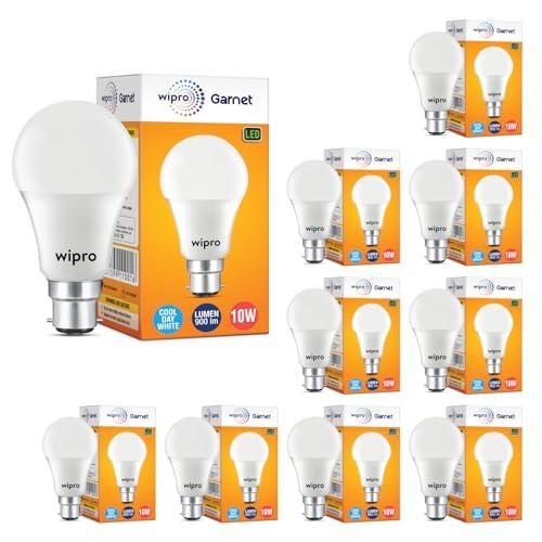 wipro Garnet 10W LED Bulb for Home & Office |Cool Day White (6500K) | B22 Base|220 degree Light coverage |4Kv Surge Protection |400V High Voltage Protection |Energy Efficient | Pack of 10 - wipro Home