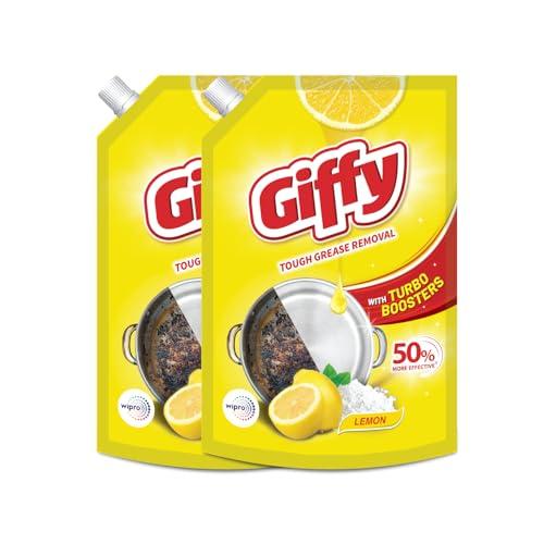 Giffy Liquid Dishwash Gel 900ml (Pack of 2) | Lemon and Active Salt | 50% More Effective | Tough Grease Removal Expert | Turbo Boosters | Mild fragrance | Removes Tough Malodour | Hand-Safe