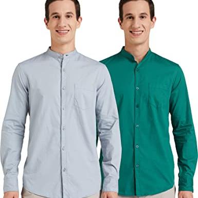 Amazon Brand - Symbol Men's Regular Fit Full Sleeve Cotton Casual Shirt (Combo Pack of 2) (AW-SY-MCS-1154_Light Grey_Petrol_medium) - Amazon Brand - Symbol Apparel