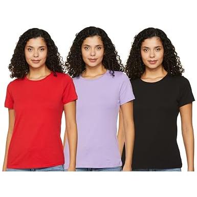 Amazon Brand - Symbol Women's Regular T-Shirt (RN-PO3-COMBO24_Black, Red & Lavendar S) - Amazon Brand - Symbol Apparel