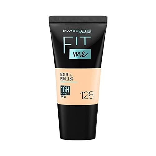 Maybelline New York Liquid Foundation, Matte & Poreless, Full Coverage Blendable Normal to Oily Skin, Fit Me, 128 Warm Nude, 18 ml - Maybelline Beauty