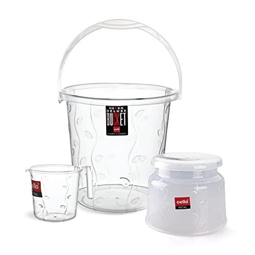 Cello Petal Bathroom Accessory Combo Set of 3, Transparent (20L Bucket, 1.5L Mug & 23cm Tall Stool) | Durable, Stylish & Modern Design | Plastic Bath Combo Set for Modular Bathroom - CELLO Home