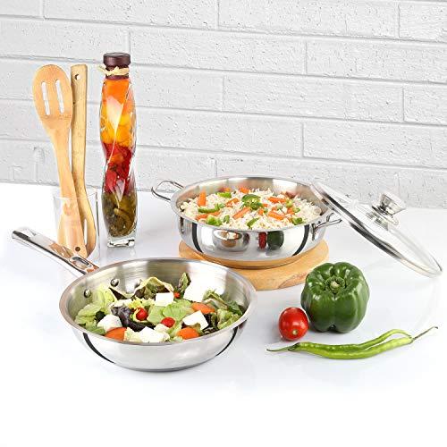 CELLO Steelox Induction Compatible Stainless Steel Fry Pan & Kadai with Glass Lid 22 cm/2Ltrs (3 pcs Set) - CELLO Kitchen