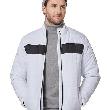 Amazon Brand - Symbol Men's Polyester Quilted Standard Length Bomber Jacket White Medium - Amazon Brand - Symbol Apparel