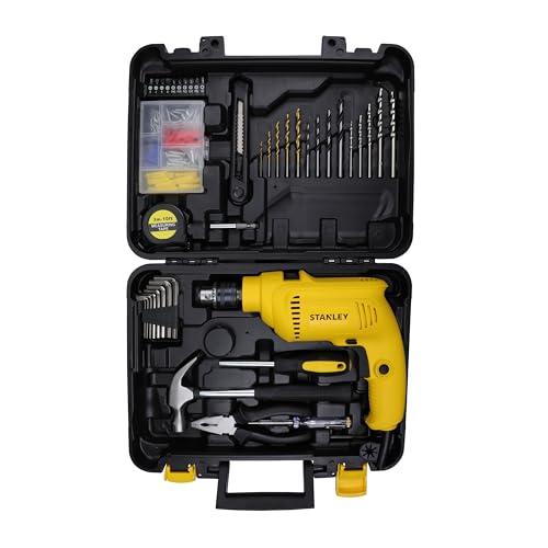 STANLEY SDH550KP 550W 10mm Corded Single Speed Hammer Drill Machine and Hand Tool Kit (120-Pieces) - Includes Hammer Drill, Measurement Tape, Drill Bits, Hammer, 1 Year Warranty, YELLOW & BLACK - STANLEY Home Improvement