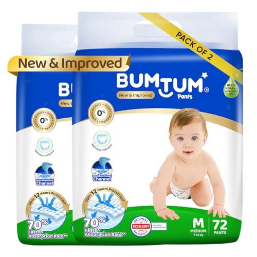 Bumtum Baby Diaper Pants, Medium Size, Double Layer Leakage Protection Infused With Aloe Vera, Cottony Soft High Absorb Technology (Pack of 2, 72 Pcs. per pack) - Bumtum Baby Product