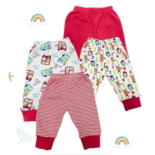 Baby Story Cotton Pajama Pants Combo Pack | Unisex Soft Cotton Track Pants for Newborns & Infants | Comfortable, Stylish, Multicolor Designs | Pack of 4 (0-3 Months, Red) - Baby Story Apparel