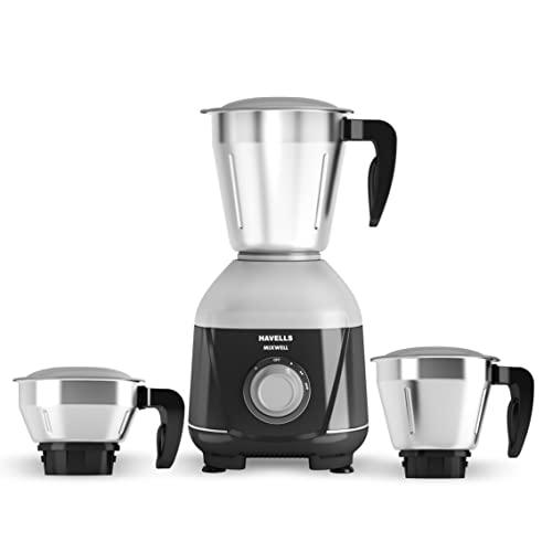 Havells MIXWELL 500 W 3 Jar Mixer Grinder, 304 SS Blades I High Speed 21000 RPM Motor, Heavy and Wider mouth SS Jars, All Jars with Handle (Black and Grey) - Havells Kitchen