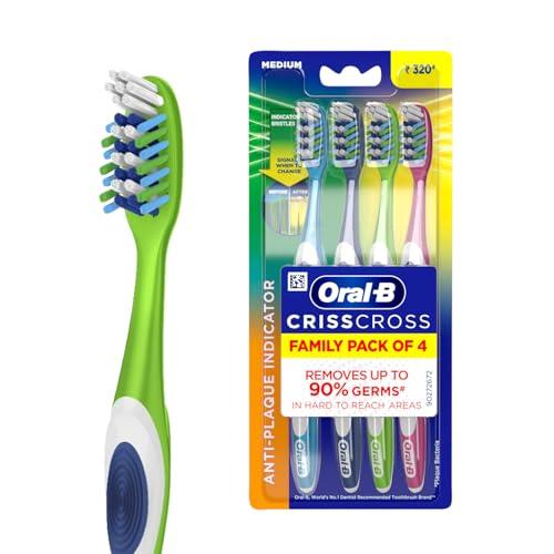 Oral-B Criss Cross Deep Clean Medium Bristles Manual Toothbrush For Adults,Tongue Cleaner, Multicolour Tooth Brush Set, Oral B Dentist Recommended Brand (Family Pack of 4) - Oral-B Drugstore