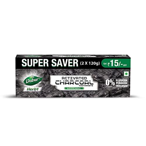 DABUR Herb'L Activated Charcoal Toothpaste-240G (120Gx2,Pack Of 2)|Black Gel Toothpaste|Whitening |Fluoride Free|Fights Plaque&Extrinsic Stains|With Power Of Mint|Cool&Refreshing Mouth Experience - DABUR Drugstore