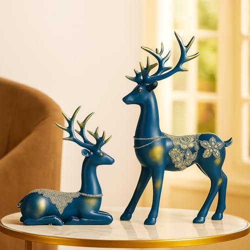 Xtore Creative Resin Golden Reindeer Sculptures | Beautiful Home Decor | Lifts up Energy of Your Room - (Pack of 2, Blue) - Xtore Home