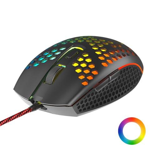 Ambrane Honeycomb Design Wired Gaming Mouse with 6 Programmable Buttons, 4-Speed Customizable 3600 DPI, Comfortable Grip, 7 Colors Breathing LED Light, 1.5m Long Cable, Lightweight (TroneX, Black) - Ambrane Personal Computer
