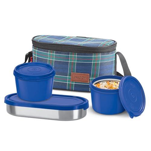 MILTON Decker Lunch Box with Insulated Fabric Jacket, 2 Inner Stainless Steel Containers 450 ml Each & 1 Oval Stainless Steel 450 ml, Microwave Safe, Leak-Proof Tiffin for Office, Easy to Carry, Blue - MILTON Kitchen