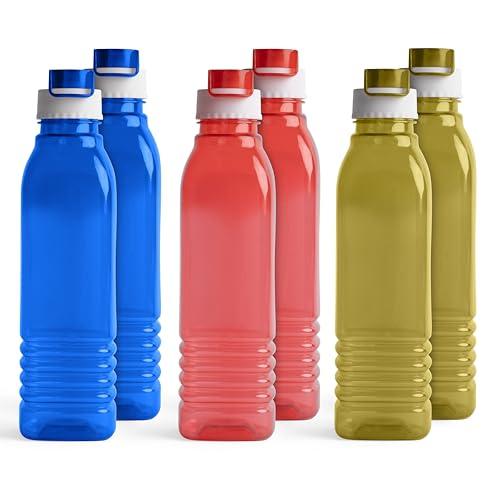 HW Kitchen Plastic Water Bottle I Water Bottle 1 Ltr | Ideal For Kitchen Home Office Travel Small Fridge For Room Gym| Unbreakable & Leak Proof I BPA Free | Set Of 6 Water Bottles, Assorted - HomeWiz Kitchen