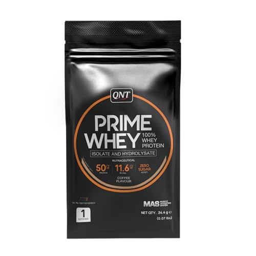 QNT Prime Whey Protein Powder | Coffee, 1 Serving Sachet | Triple Blend of Whey Isolate, Concentrate & Hydrolysate | 25g Protein, 5.8g BCAA per Scoop | Best Whey Protein Powder for Men & Women